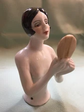 PIN CUSHION HALF DOLL WITH HAND MIRROR, 4 1/2" ART DECO 1920’s STYLE