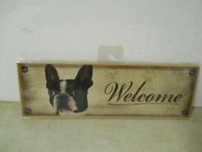 Boston Terrier Bulldog Dog Welcome Hanging Wall Sign 12" x 4" Jute Sting Hanger