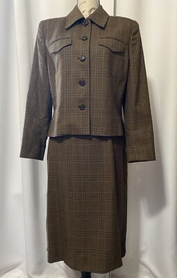 VTG CARLISLE 100% Wool Skirt(SZ 14) Blazer(SZ 10) Set Brown Plaid Office Career