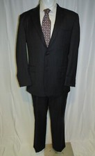 Hickey Freeman Madison Dark Navy Blue Striped Two Button Suit 42L