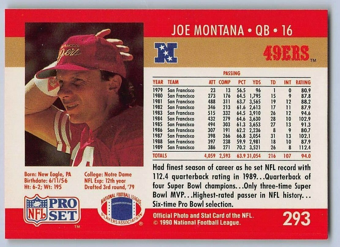 1990 JOE MONTANA - PRO SET Football Card # 293 - SAN FRANCISCO