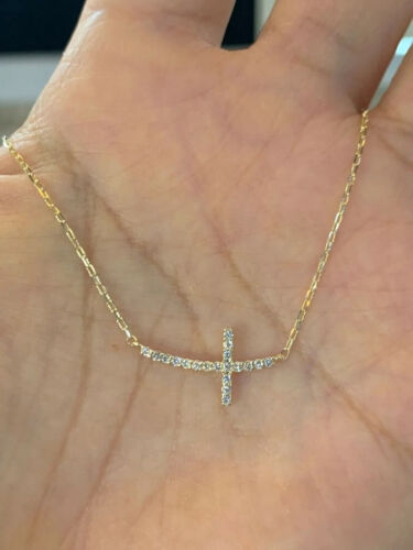 1 Ct Round Moissanite 14K Yellow Gold Plated Sideways Cross Pendant Necklace 18"