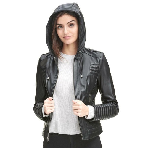 Chaqueta de cuero negro con capucha Pura Piel De Cordero Mujer Talla S M L  XL XXL Hecho a Medida | eBay