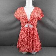 Womens Sundress Small Red Floral Tie Front Cutout Mini Cottagecore Picnic Y2K