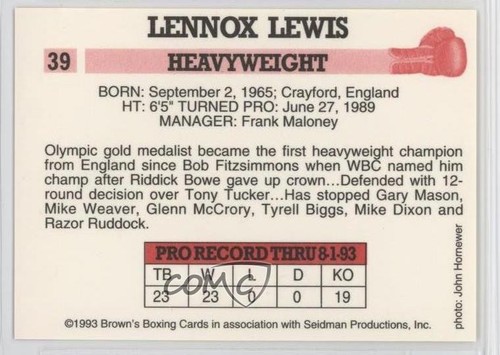 1993 Brown's Boxing Cards Lennox Lewis #39 - Picture 2 of 4