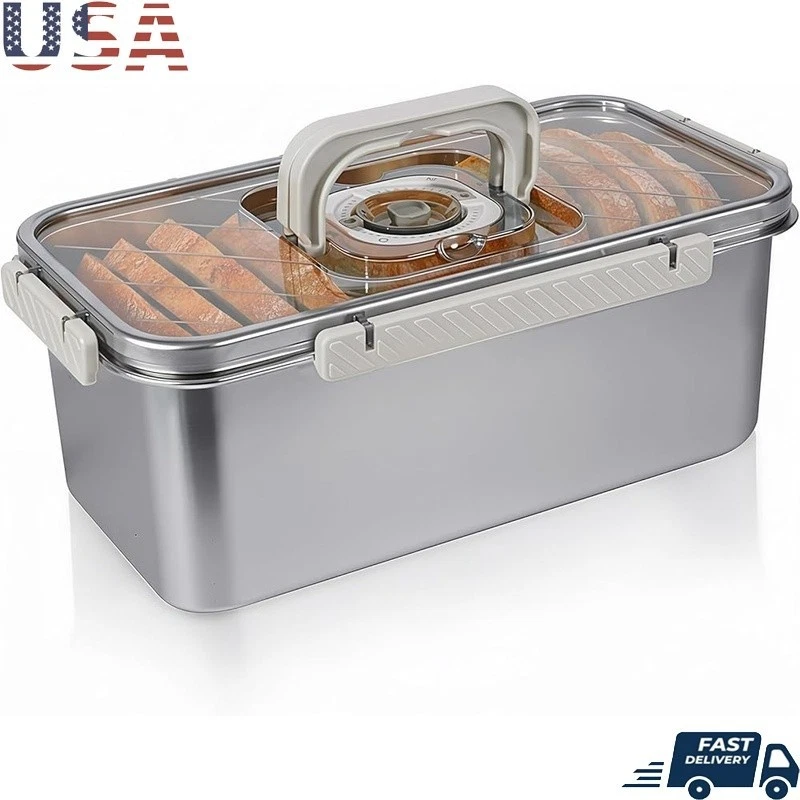 Airtight Stainless Steel Bread Box Dishwasher Safe Time Recording Handle New