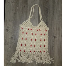 Vintage Macrame Fringe Tote Bag Red Beaded Boho Hippie Festival Purse