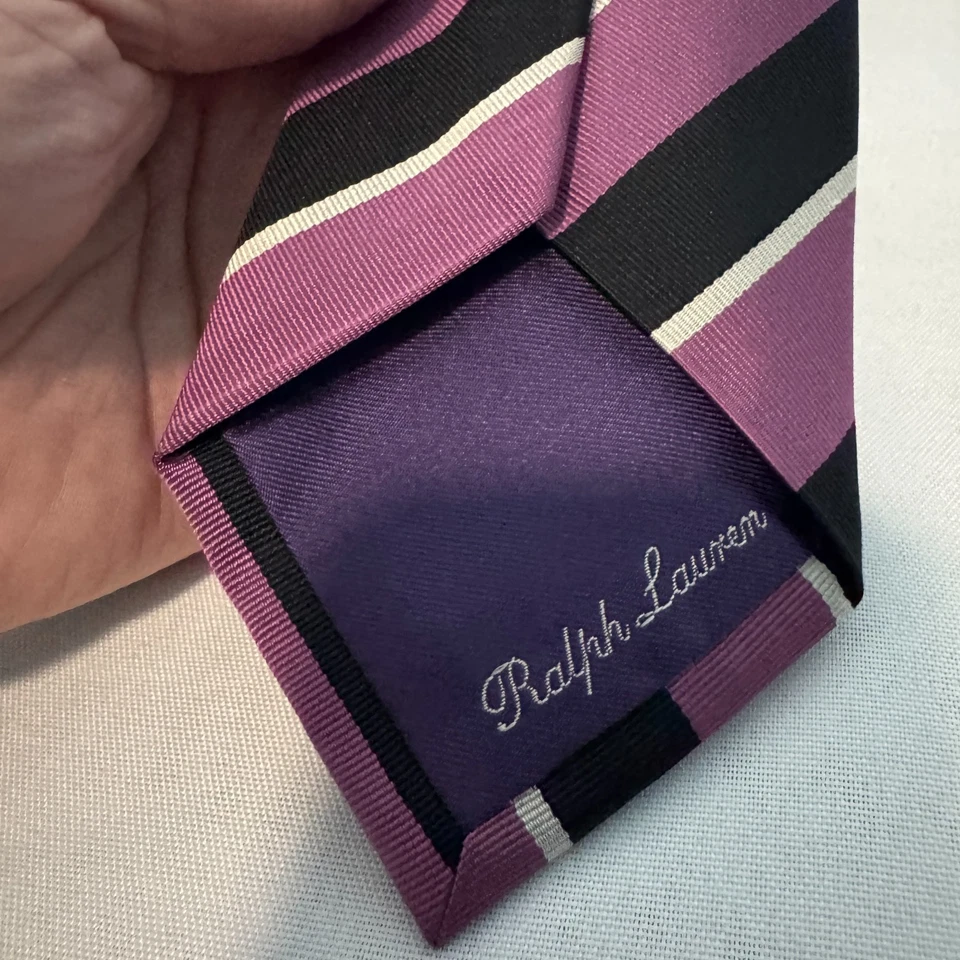 Corbata Ralph Lauren Etiqueta Púrpura Rosa Negro Rayas Hecha en Italia 100% Seda Foto 3 de 4