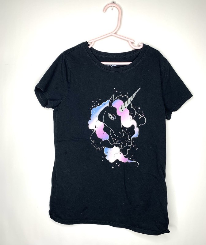 Cat & Jack Unicorn T Shirt Tee Short Sleeve Black | Girl Size 10/12 Large L