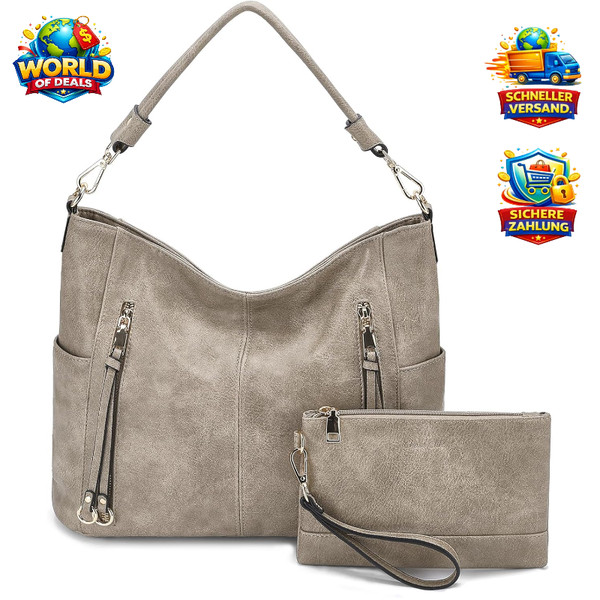 Handtasche Damen Leder UmhäNgetasche Hobo Shopper Schultertasche 2Tlg Khaki-image