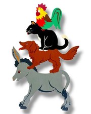 1960er Märchen-Holzbild von Mertens-Kunst: Bremer Stadtmusikanten Siebdruck 26cm