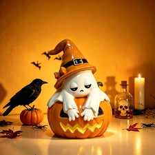 Halloween LED Ghost Pumpkin Figurine Resin Statue Spooky Tabletop Home Decor