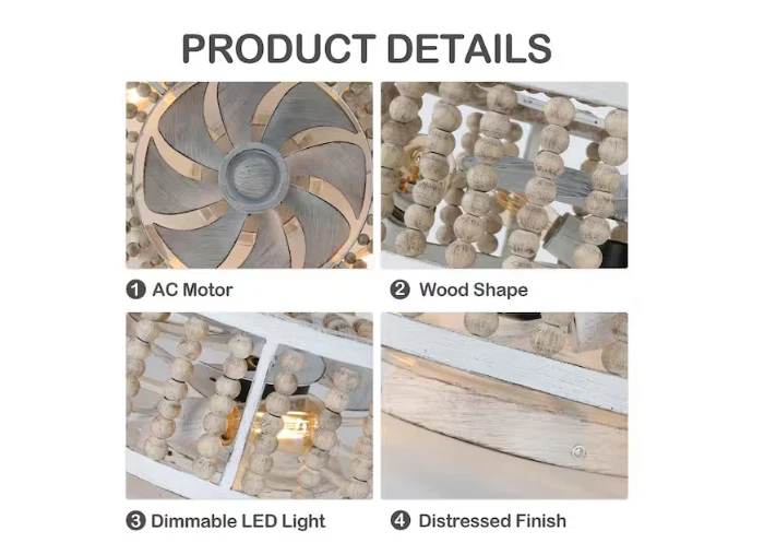 Banff 20 in. Indoor Boho Beaded Wood White Ceiling Fan 4-Light Farmhouse Remote - Image 3 of 4