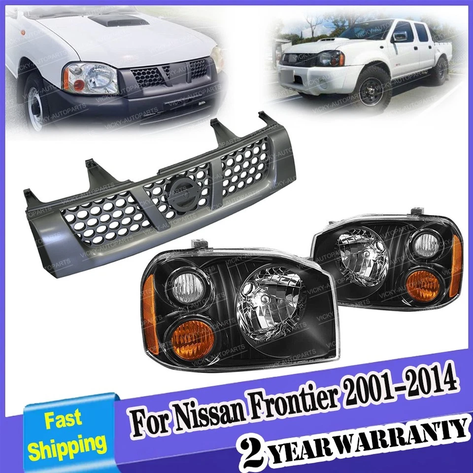 3Pcs Pair Smoked Black Head Lights&Front Grille For Nissan Navara D22 2001-2015 - image 2 of 2