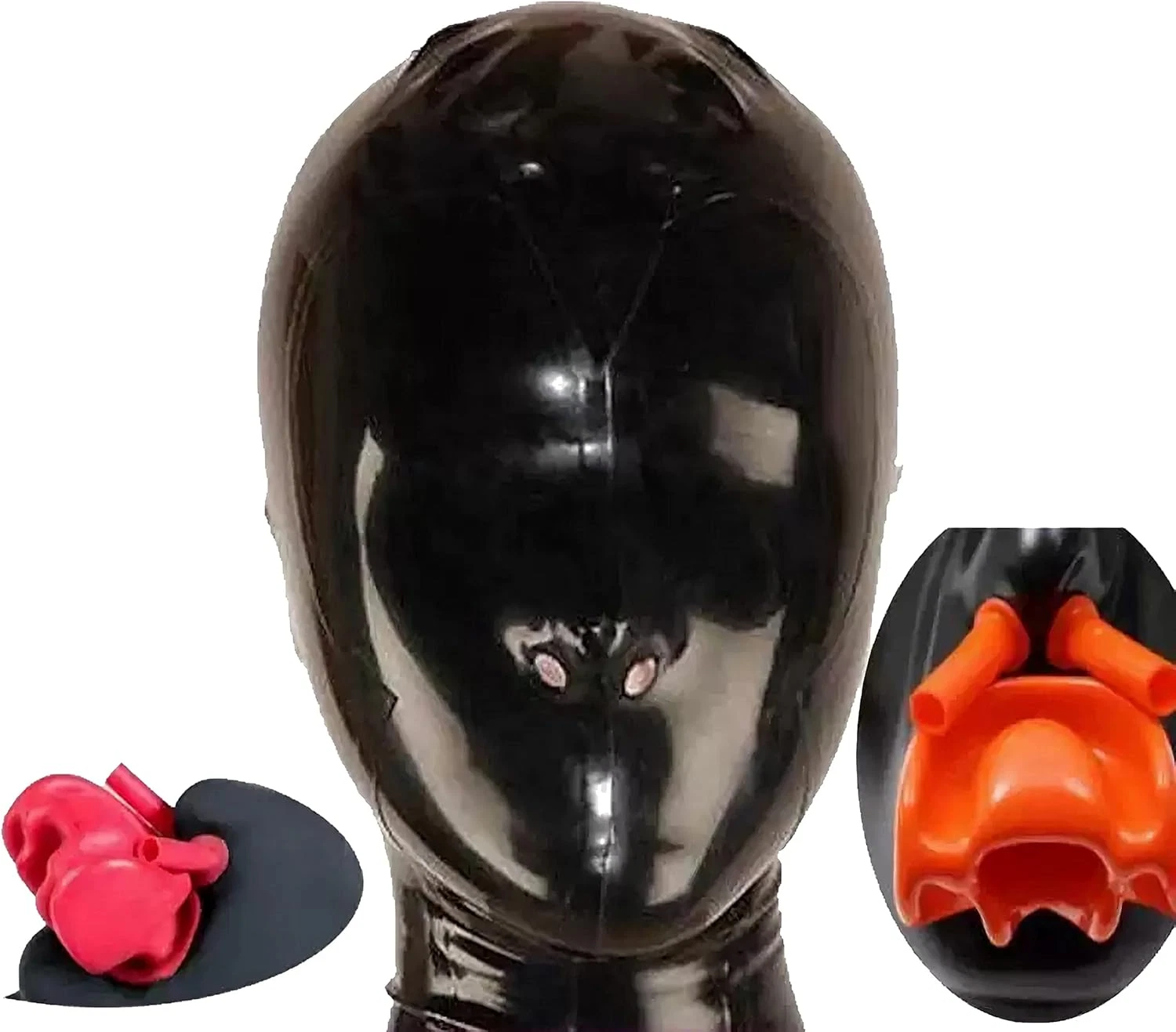 Latex Hood Full Face Mask with Zipper, Silicone Mouth Insert & Nasal Tube (XL)