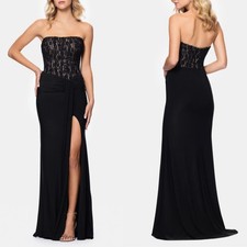 NEW BETSY ADAM Black SEQUIN LACE Bustier Bodice STRAPLESS Draped SLIT GOWN 4