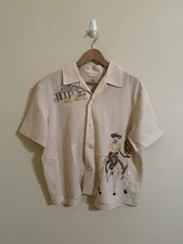 Bode Buckaroo Button Up Shirt Cowboy Beaded Off White Linen Cotton Small Medium