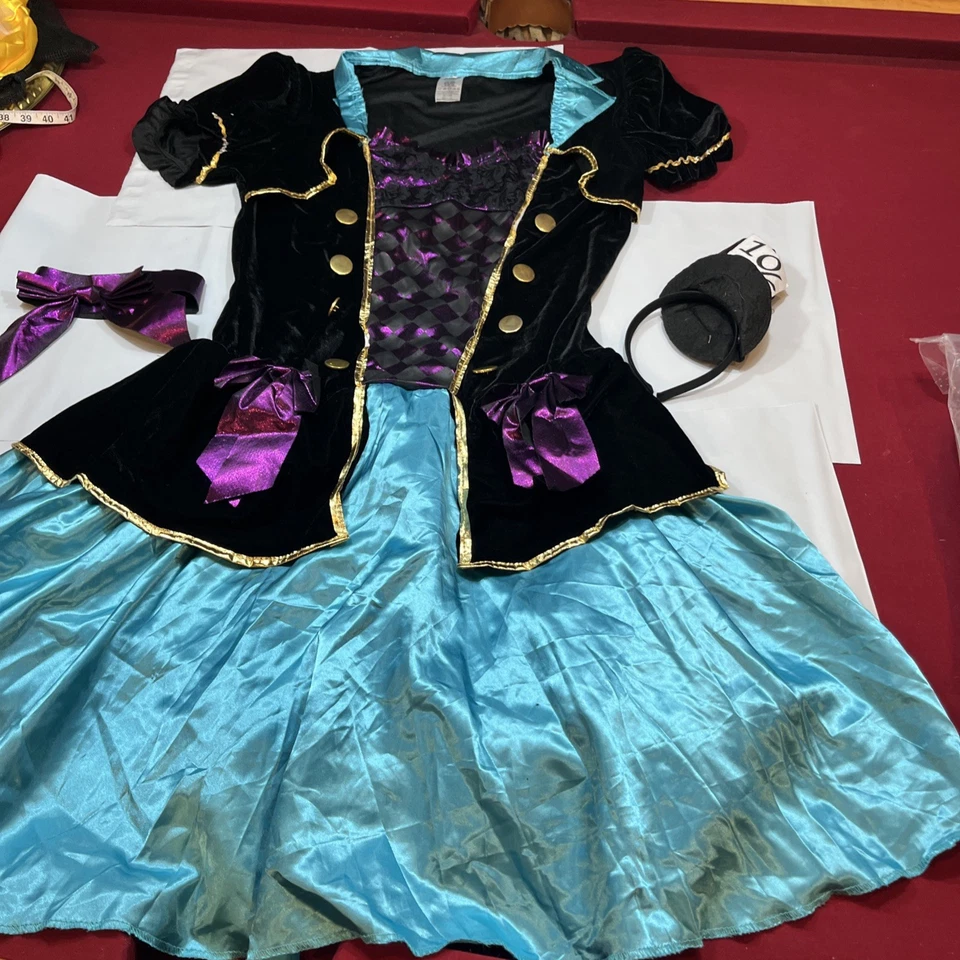 Sombrerero Loco Negro Púrpura VESTIDO Disfraz Pajarita Collar SOMBRERO Talla Grande 16-18 Mujer Foto 3 de 4