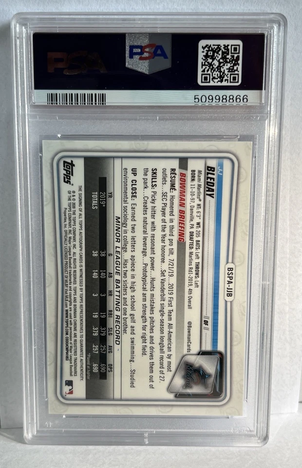 J.J. Bleday Auto 2020 Bowman Chrome Sapphire BCP-116 PSA 9 - Image 2 of 2