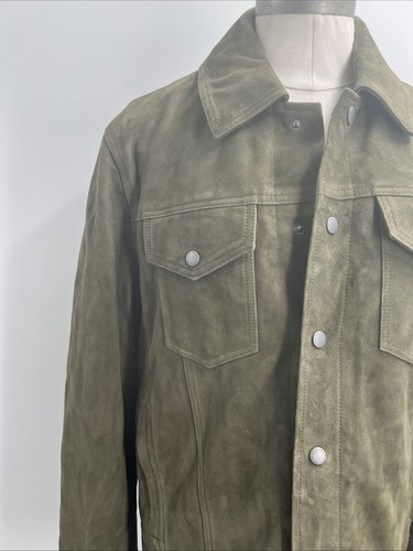 Cole Haan Men's Long Sleeve Button Olive Green Suede Trucker Jacket Size Medium - Picture 7 of 21