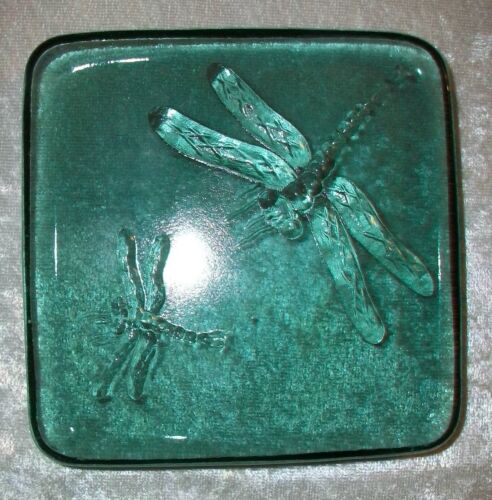 Blue Green Recycled Art Glass Dragonfly Pillar Candle Holder Slab Paperweight - Picture 1 of 14