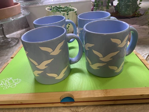 Vintage Waechtersbach Coffee Mugs Cups Blue Fly Away Seagulls West Germany Set 4