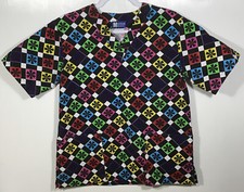 Scrub Top womens size S Small by Madison Medical black  white blocks flowers