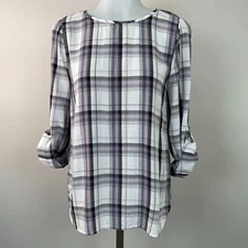 LOFT Top Small White Purple Plaid 3/4 Roll-Tab Sleeve Blouse Women's