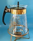 Vintage 1958 Pyrex GLASS Coffee lidded carafe & gold floral & orig warming stand