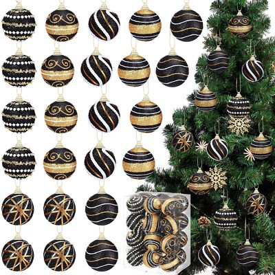 24 Pcs Black and Gold Christmas Ball Ornaments 2.36 Inches Christmas Tree Dec...