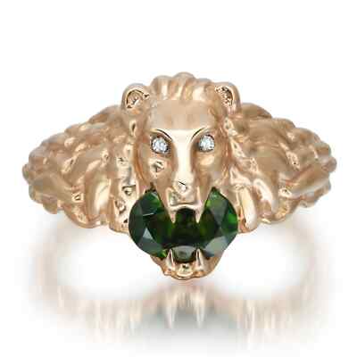 Gucci Lion Head Diamond Chrome Diopside Ring 18K Yellow Gold Size