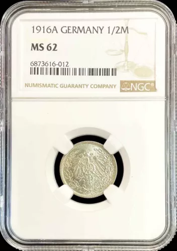 1916 A SILVER GERMANY EMPIRE 1/2 MARK IMPERIAL EAGLE COIN NGC MINT STATE 62