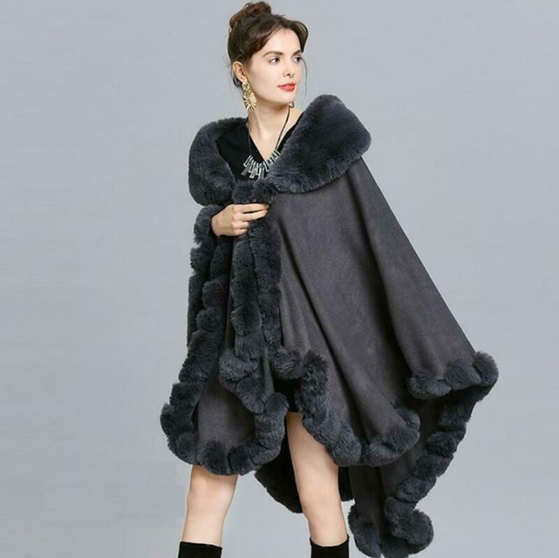 Winter Maxi Faux Fox Fur Collar Cape Coat Women Evening Plush