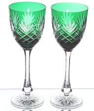 Ajka Odessa Emerald Green Cut to Clear Crystal Wine Goblets 8 3/8" New