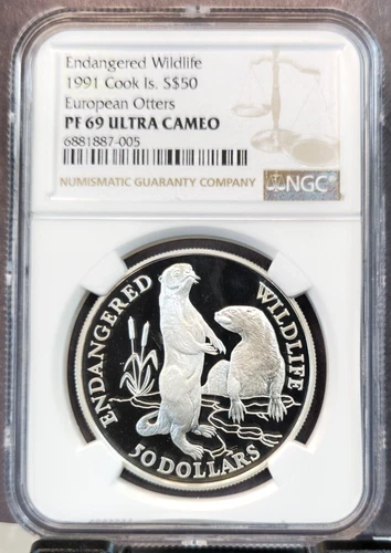 1991 COOK ISLANDS SILVER 50 DOLLARS EUROPEAN OTTER NGC PF 69 ULTRA CAMEO TOP POP