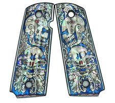 1911 FULL SIZE GRIPS COLT KIMBER TAURUS COMMANDER Inlaid Pearl BLUE ART SKULL