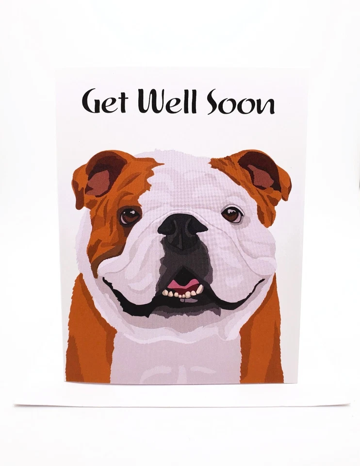 English Bulldog Dog Hand-Drawn Get Well Soon Greeting Card with Envelope - Image 2 of 4