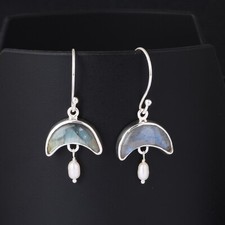 Crescent Moon Shape Labradorite With Pearl Sterling Silver Boho Earrings Jewelry