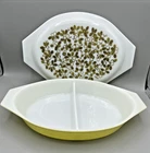 Vintage PYREX VERDE 1 1/2 Qt. Divided Dish Oval with Lid - Olives & Leaves 1967