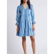 Eliza J Tiered Three Quarter Sleeve Dress Womens 8 Blue Excellent Striped V-Neck