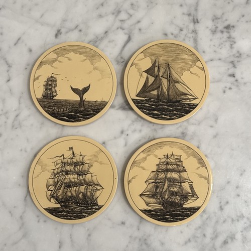 Barlow Scrimshaw Coaster Set Of 4 Cork Back Maritime