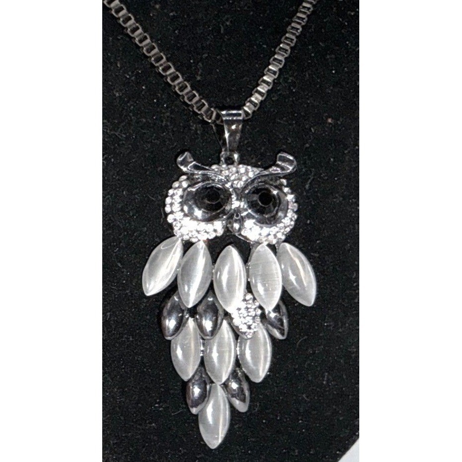 Sparkling Owl Pendant Hematite Necklace Silver Tone Rhinestone 3