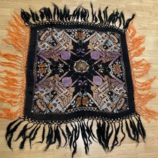 Vintage Taj Mahal Piano Shawl Fringe Scarf Wrap Brocade Black Orange Purple Art