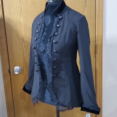 2OH Threads black velvet trim lace trim open front black blazer  