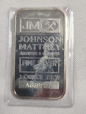 1 OZ .999 FINE SILVER JOHNSON MATTHEY BAR W/ SERIAL NUMBER A668257 75.00 per troy oz