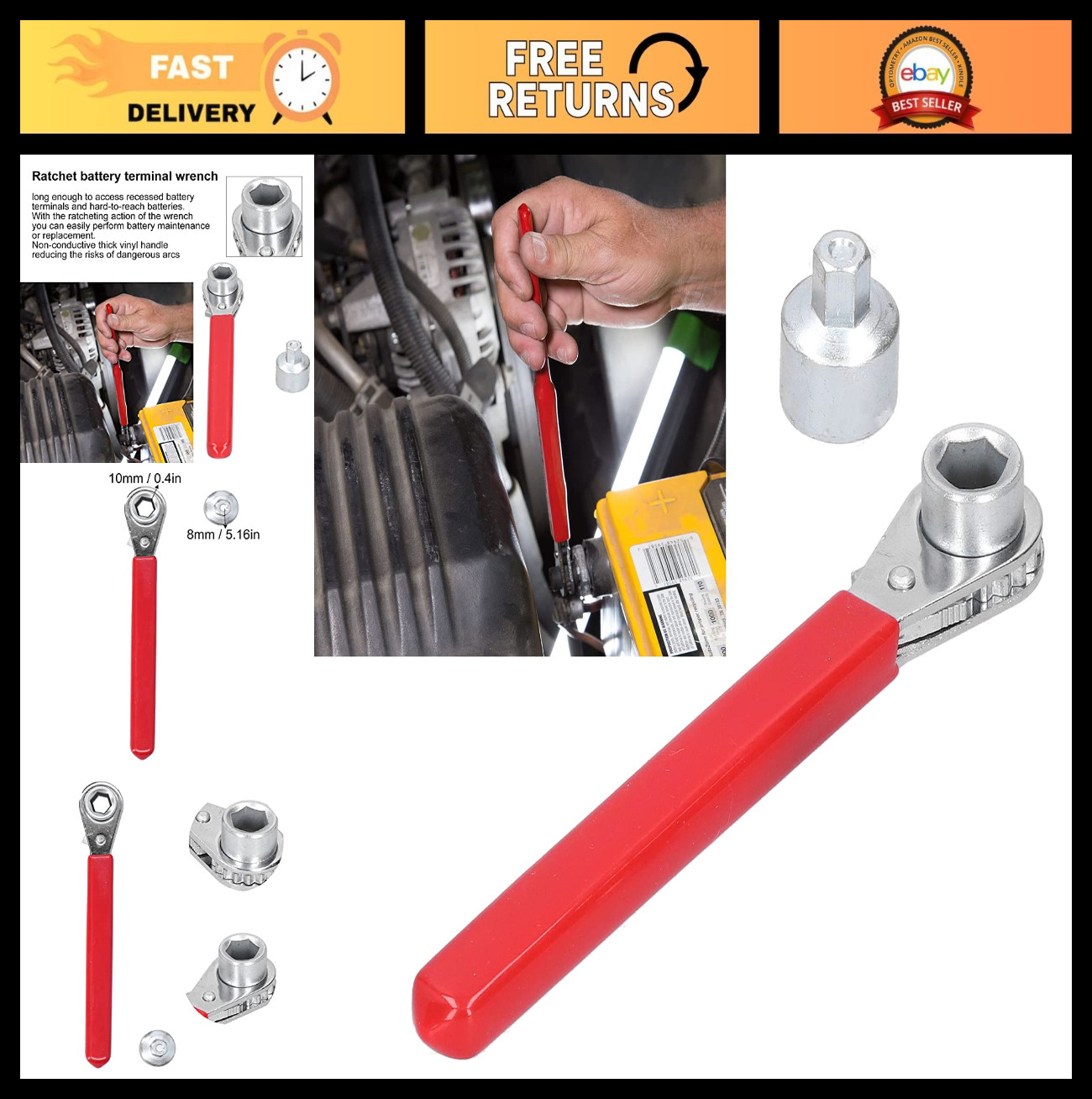 10mm 2-in-1 Battery Ratchet Wrench for 3/8" Top Post & 5/16" Side Terminal Bolts