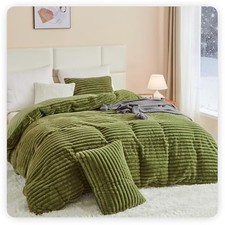 Fluffy Faux Fur Duvet Cover Queen 90" x 90" 01 - Olive Green No Comforter 