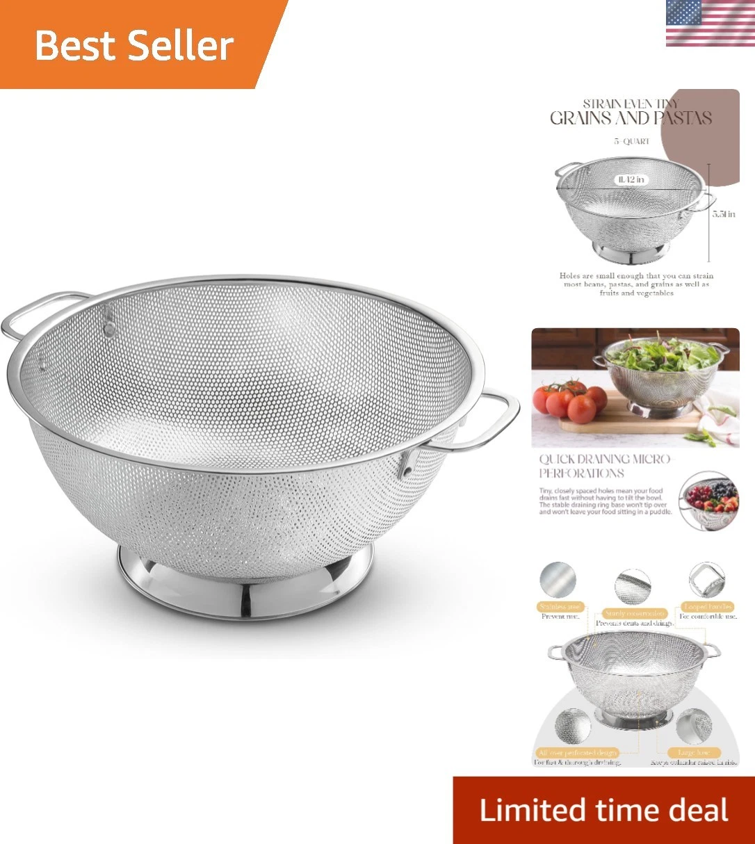 Colander for Kitchen – 5 Qt Stainless Steel Strainer with Handle - 18/8 Pasta...
Opens in a new wind