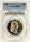1951 PROOF FRANKLIN PCGS PR65, CAM REV, NICE METALLIC BLUE RIM TONING, NO SPOTS