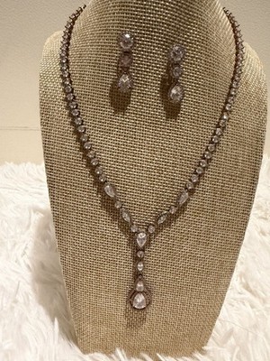 Rose Gold Cubic Zirconia Teardropbridal Jewelry Set Necklace & Earrings